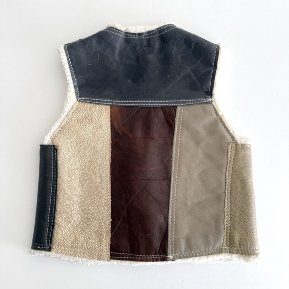 Kids real leather gray blue tan brown colorblock Sherpa lined button up vest - Picture 3 of 5